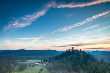 Waldeck Castle in the North Vosges , France, at sunset.