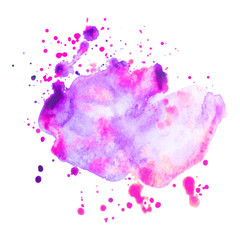 Abstract isolated watercolor spot with droplets, smudges, stains, splashes.