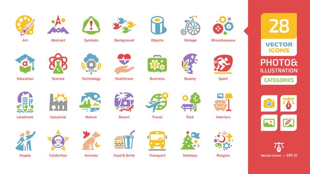 Vector categories and themes glyph color icon for photos and illustrations with science, technology, healthcare, business, beauty, landmark, industrial, nature, resort, travel colorful class sign.