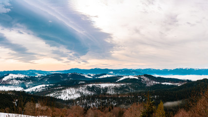Beautiful scenery of the Ukrainian Carpathians in winter, which is beautifully captivating from the observation deck.