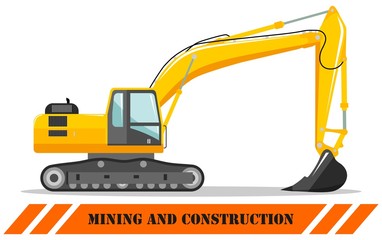 Excavator. Detailed illustration of heavy mining machine and construction equipment. Vector illustration.
