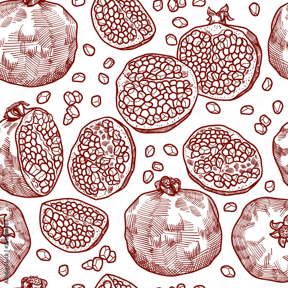 Wall mural hand drawn seamless vector pattern with pomegranate with seeds for girls, boys, clothes. Creative background with Doodle healthy food Funny wallpaper for textile and fabric. Fashion style