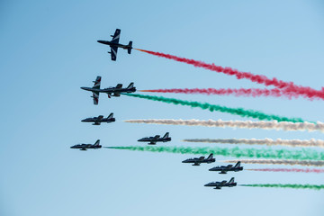 Fototapeta na wymiar The Italian acrobatic team: the tricolor arrows