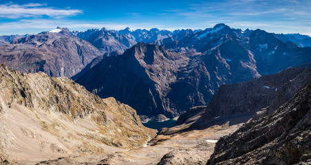 Panoramic view of the National Park of the Ecrins from the summit of Rochail, France