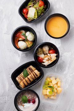 Ready meal in food bxes, top view
