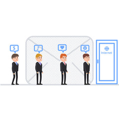 Business people stand in line to enter the door with the inscription Internet and ask their questions, people receive and send letters on various topics, characters in cartoon style