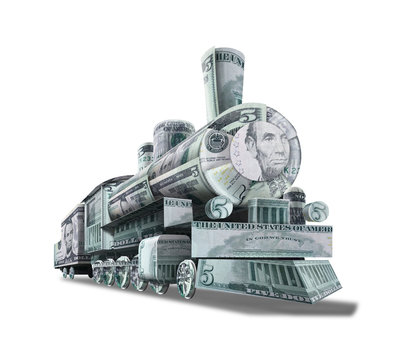 A steam locomotive made of banknotes. A locomotive made of 5 dollar bills symbolizing financial support for progress. Illustration.