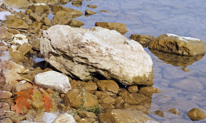 Large rocks and stones in shallow waters along shore of lake