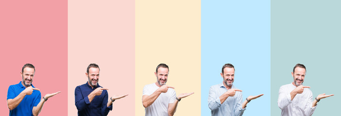 Collage of senior hoary handsome man over colorful stripes isolated background amazed and smiling to the camera while presenting with hand and pointing with finger.