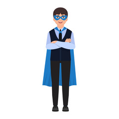 The boy is dressed in a superhero costume, a cape and a mask of a superhero, a cute character in a cartoon style.