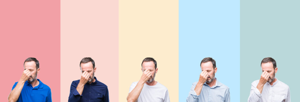 Collage of senior hoary handsome man over colorful stripes isolated background tired rubbing nose and eyes feeling fatigue and headache. Stress and frustration concept.