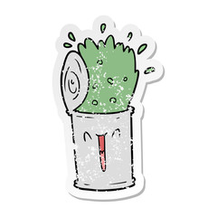 distressed sticker of a cartoon happy exploding soup can
