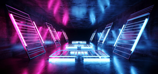Stage Dance Neon Laser Ultraviolet Purple Pink Blue Fluorescent Sci Fi Futuristic Retro Light Tubes Scene  Grunge Concrete Reflective Podium Corridor 3D Rendering