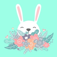 Cute card with lovely Rabbit with heart, flowers, leafs in awesome colors. Lovely spring card. Happy Easter.