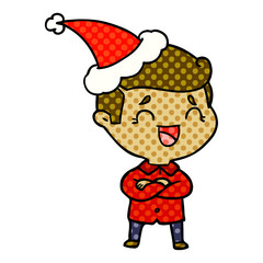 comic book style illustration of a laughing man wearing santa hat