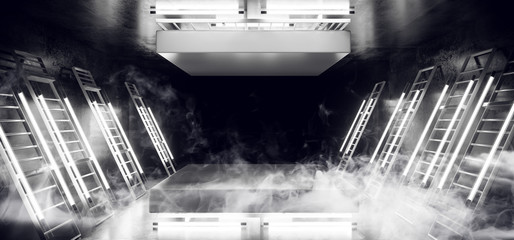 Smoke Stage Dance Neon Laser White Fluorescent Sci Fi Futuristic Retro Light Tubes Scene  Grunge Concrete Reflective Podium Corridor 3D Rendering