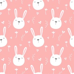 Seamless pattern of cute white bunnies on pink background with floral elements. Vector illustration.