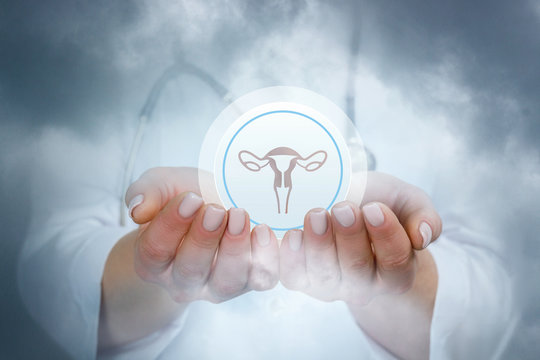 A gynecologist is holding a sphere with uterus image inside.