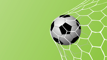 Realistic football in net on green background with copy space for text, vector illustration