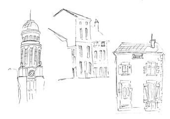 Ink sketch of buildings. Hand drawn illustration of Houses in the European Old town. Travel artwork. Set of three different houses. Black line drawing isolated on white background.