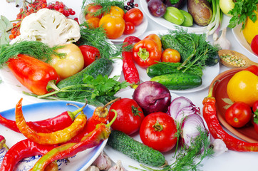 Appetizing vegetables in plates on the table. Cabbage, eggplants, tomatoes, cucumbers, peppers, parsley.