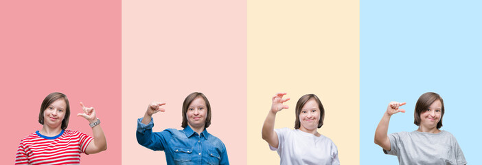 Collage of down syndrome woman over colorful stripes isolated background smiling and confident gesturing with hand doing size sign with fingers while looking and the camera. Measure concept.