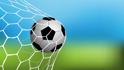 Fototapeta na wymiar Realistic football in net with copy space for text, vector illustration