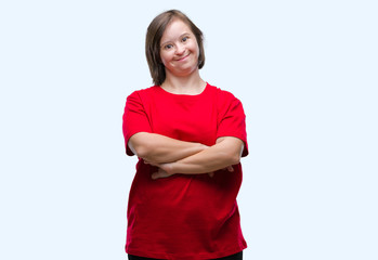 Young adult woman with down syndrome over isolated background happy face smiling with crossed arms...