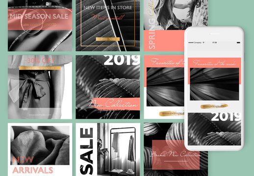 15 Social Media Post Layouts with Coral Red and Gold Elements