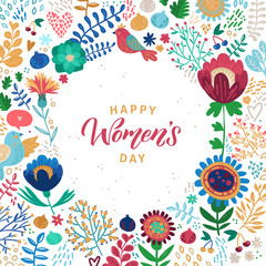 Fototapeta na wymiar Happy Womans Day Calligraphy Design on Square Floral Background. Vector illustration. Womans Day Greeting Calligraphy Design in Bright Colors. Template for a poster, cards, banner Vector illustration