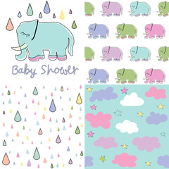 Set of baby shower patterns. Seamless pattern vector. Baby elephant vector set. Graphic design elements