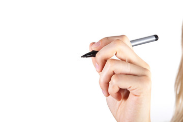 Woman hand holding a pen isolated on white