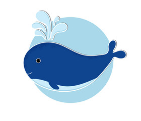 Vector Illustration. Cartoon whale icon in modern flat style. Ocean animal fish character. Isolated whale or delphine on blue circle