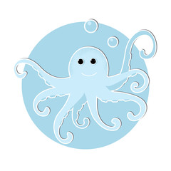 Vector Illustration. Cartoon octopus icon in modern flat style. Ocean animal character. Isolated octopus in blue circle