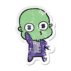 distressed sticker of a waving weird bald spaceman