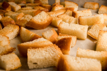 Fresh fried (baked) crunchy crispy golden croutons (traditional snack like cracker) from white bread