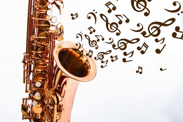 copper saxophone with black notes and white background