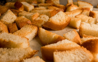 Fresh fried (baked) crunchy crispy golden croutons (traditional snack like cracker) from white bread