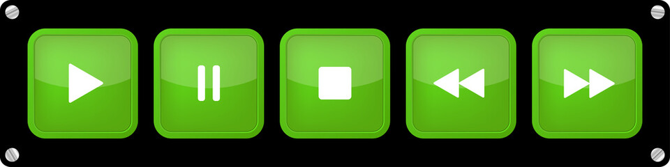 green, white music control buttons with screws