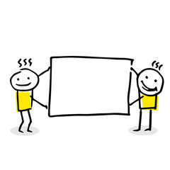 Two stick figures holding a blank board.