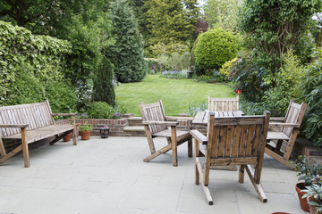 Patio with wooden garden furniture