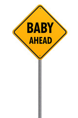 yellow square caution sign with text baby ahead