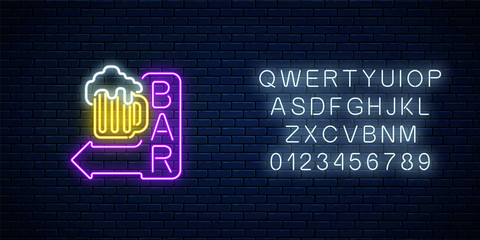 Glowing neon beer bar signboard with arrow and alphabet. Luminous advertising sign of nightclub with bar.