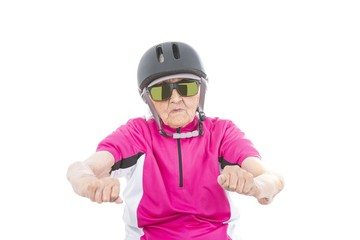 Elderly woman in pink shirt with a bike