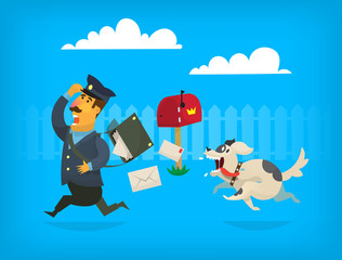 Dog is chasing a mailman along the fence. The man is loosing letters from his bag. 