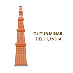 Qutub Minar, Delhi. Indian most famous sight. Architectural building. Famous tourist attractions. Vector illustration.