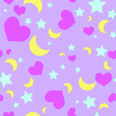 Fototapeta na wymiar Seamless Repeating Vector Pattern Hearts Stars and Moons on Lavender Background