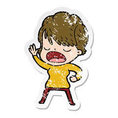 distressed sticker of a cartoon woman talking