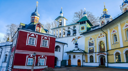 Uspenskaya square with Sacristy and belfry in the Pskov-Caves Holy Dormition Monastery. Pechory,...