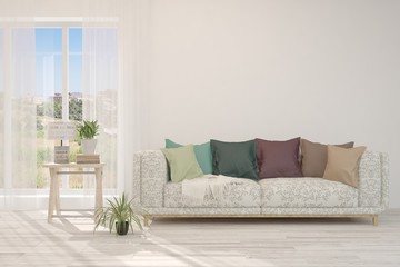 White stylish minimalist room with sofa. Scandinavian interior design. 3D illustration